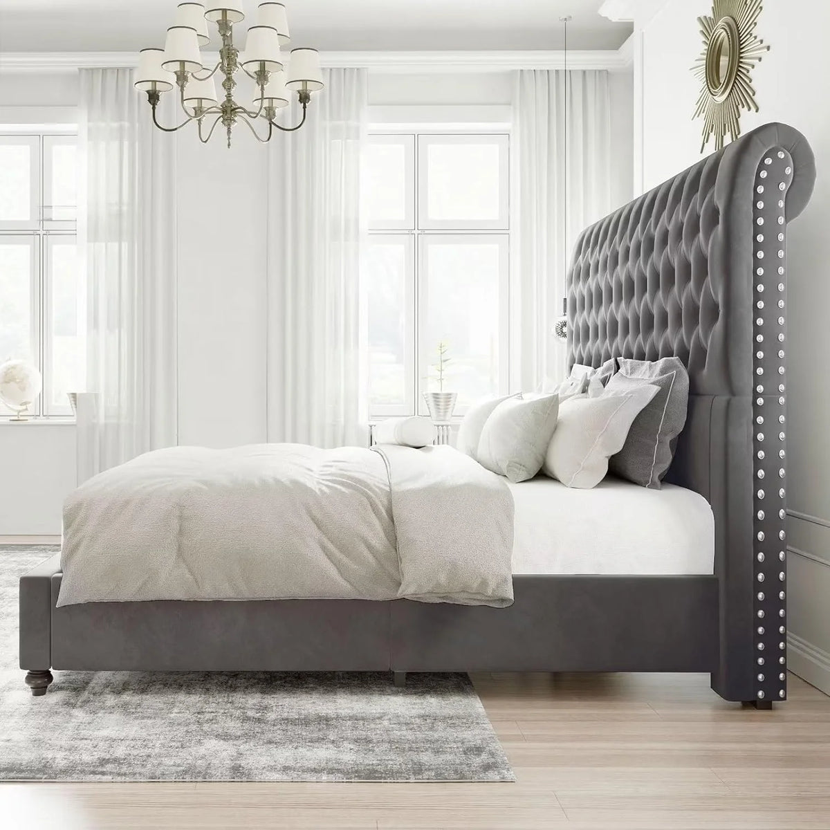 Queen Velvet Tufted Sleigh Bed Frame F110