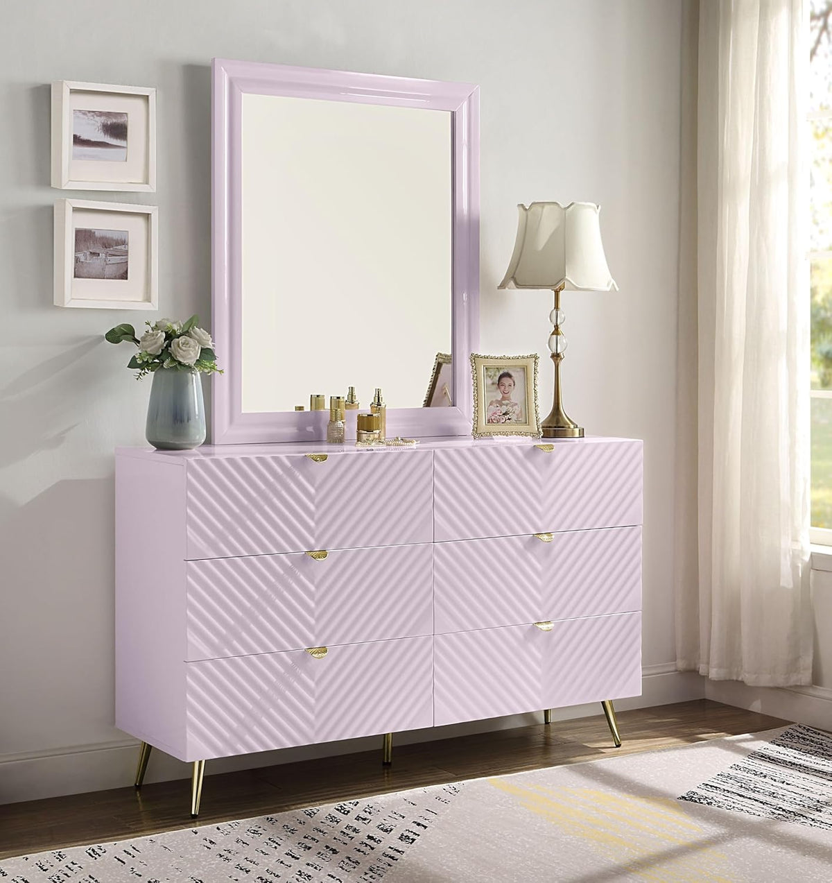 6-Drawer Pink Wood Metal Dresser R791