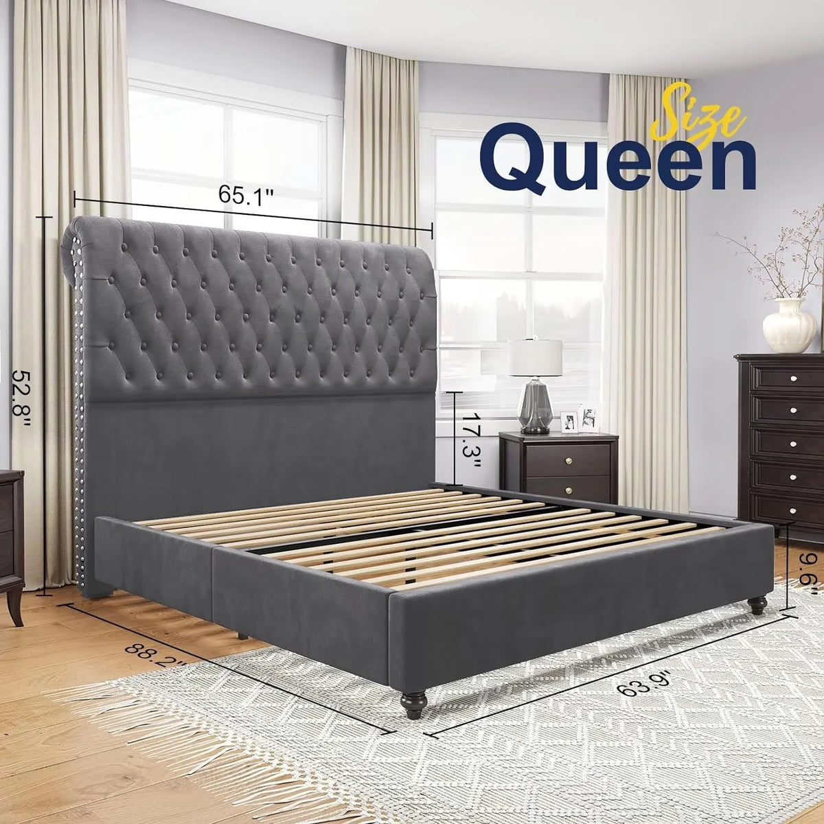 Queen Velvet Tufted Sleigh Bed Frame F110