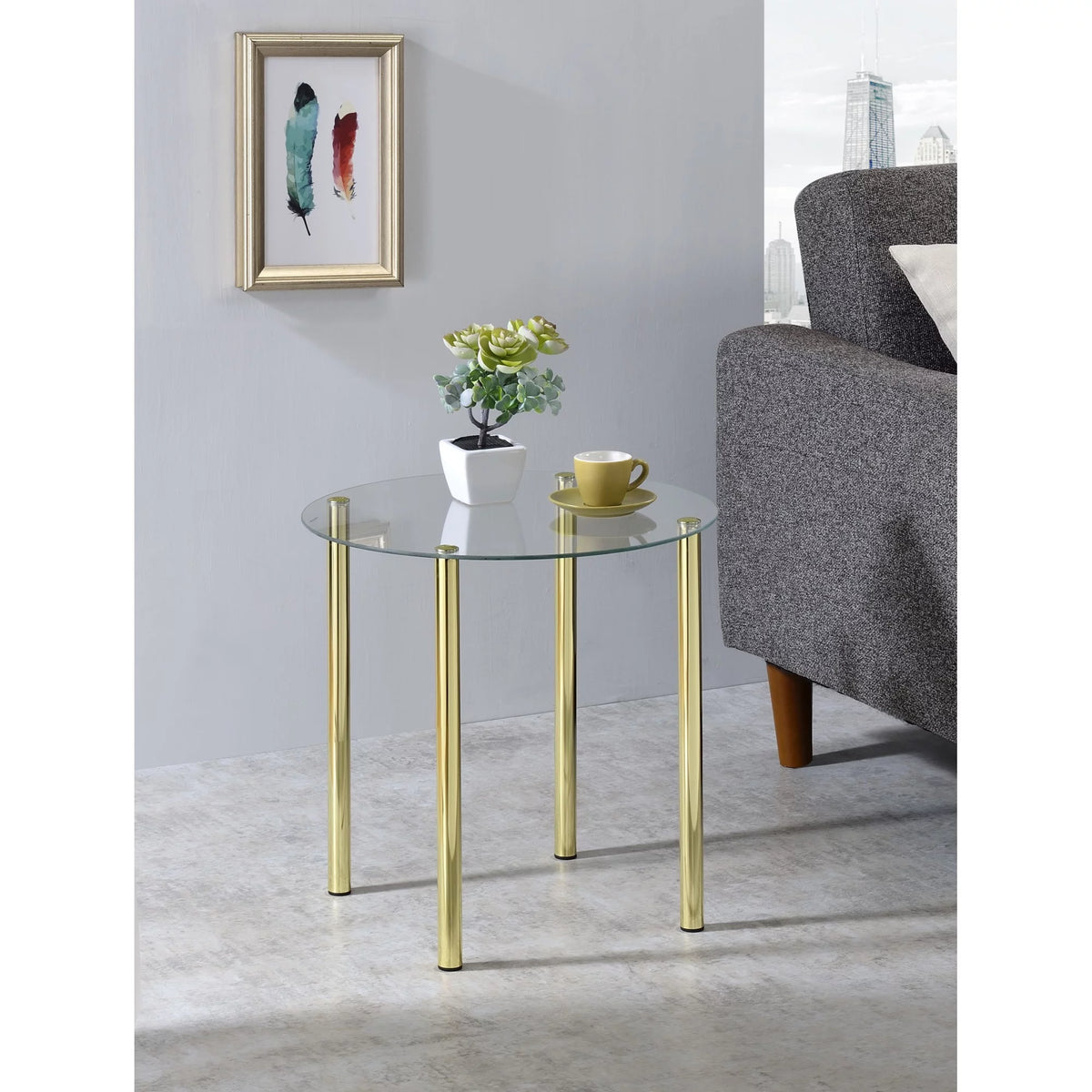 Round Side End Accent Table Gold Metal Glass E6250