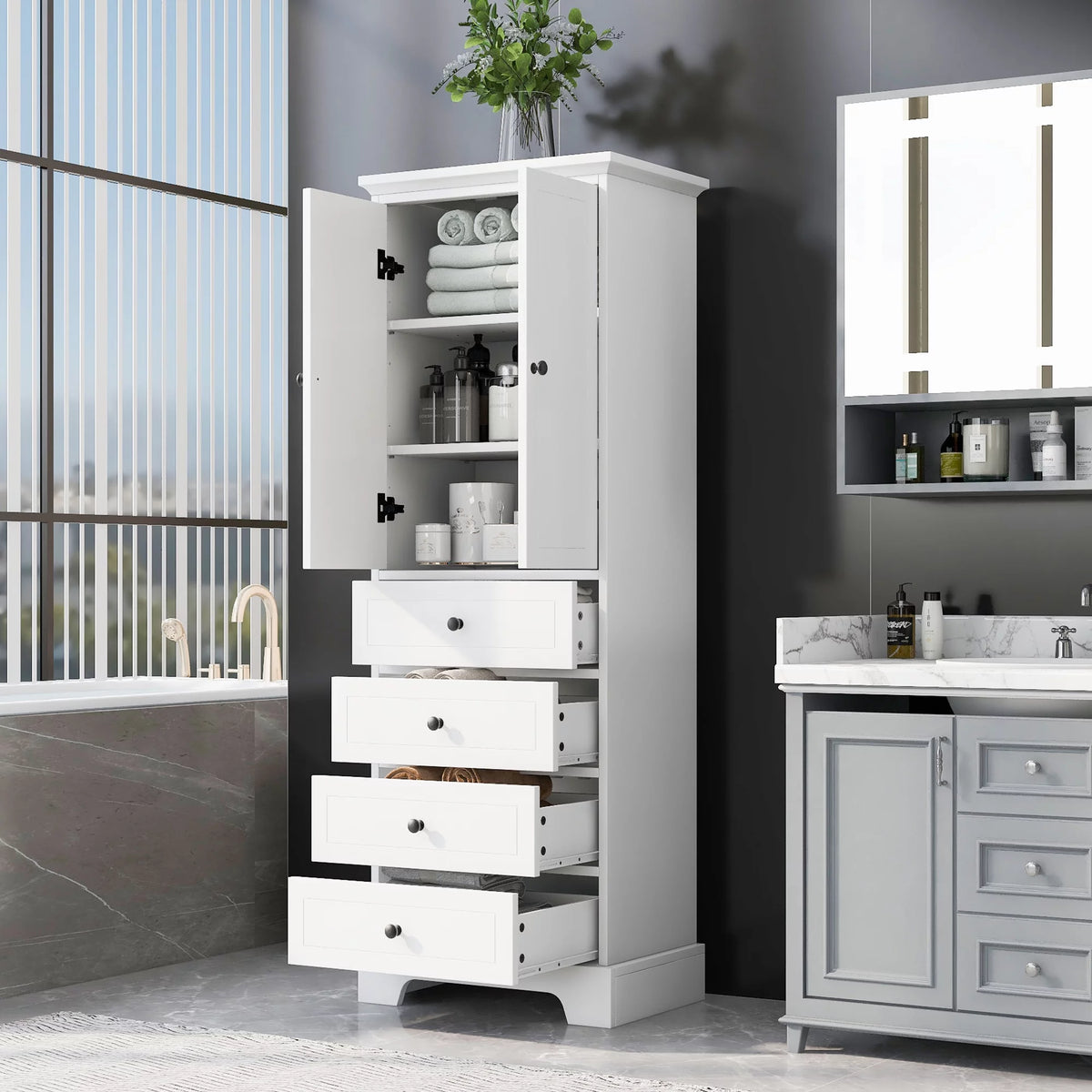 Tall Wood Bathroom Storage Cabinet with 2 Doors and 4 Drawers A806518