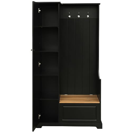 Black Hall Tree with Flip-Up Bench, Shoe Cabinet with Adjustable Shelves, Coat Rack with Hanging Hooks W672