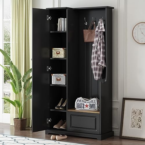 Black Hall Tree with Flip-Up Bench, Shoe Cabinet with Adjustable Shelves, Coat Rack with Hanging Hooks W672