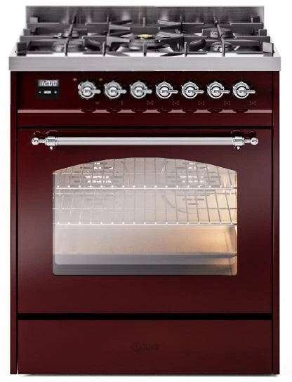 30 Dual Fuel Natural Gas Range in Burgundy with Chrome Trim Y925