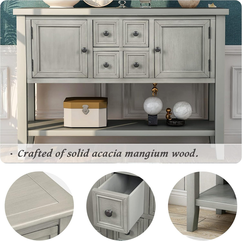 Antique Gray Solid Wood Console Table with 4 Drawers and Bottom Shelf R480