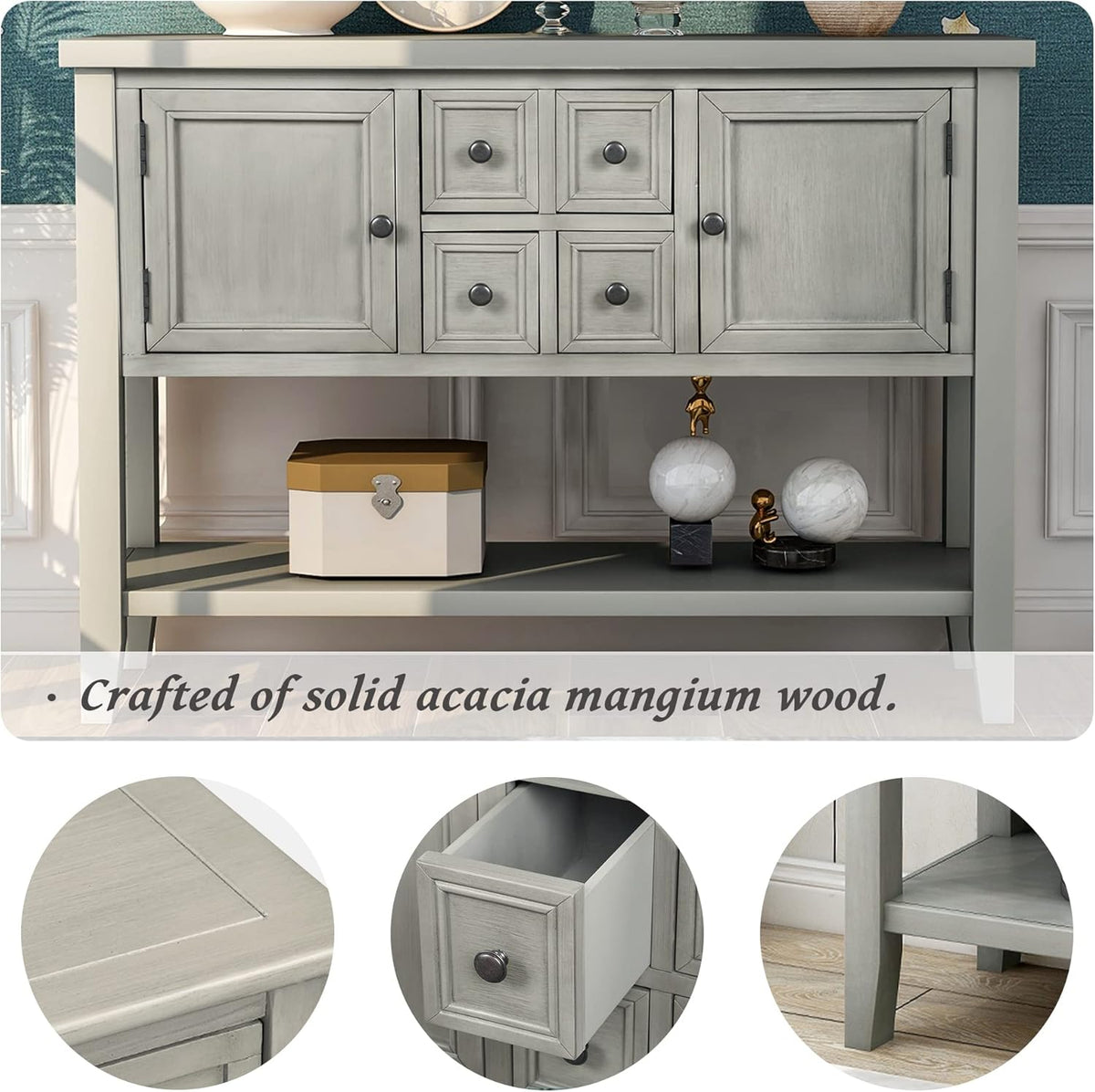 Antique Gray Solid Wood Console Table with 4 Drawers and Bottom Shelf R480