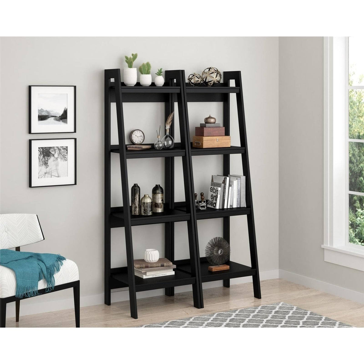 4 Shelf Ladder Bookcase Black Set of 2 N920346