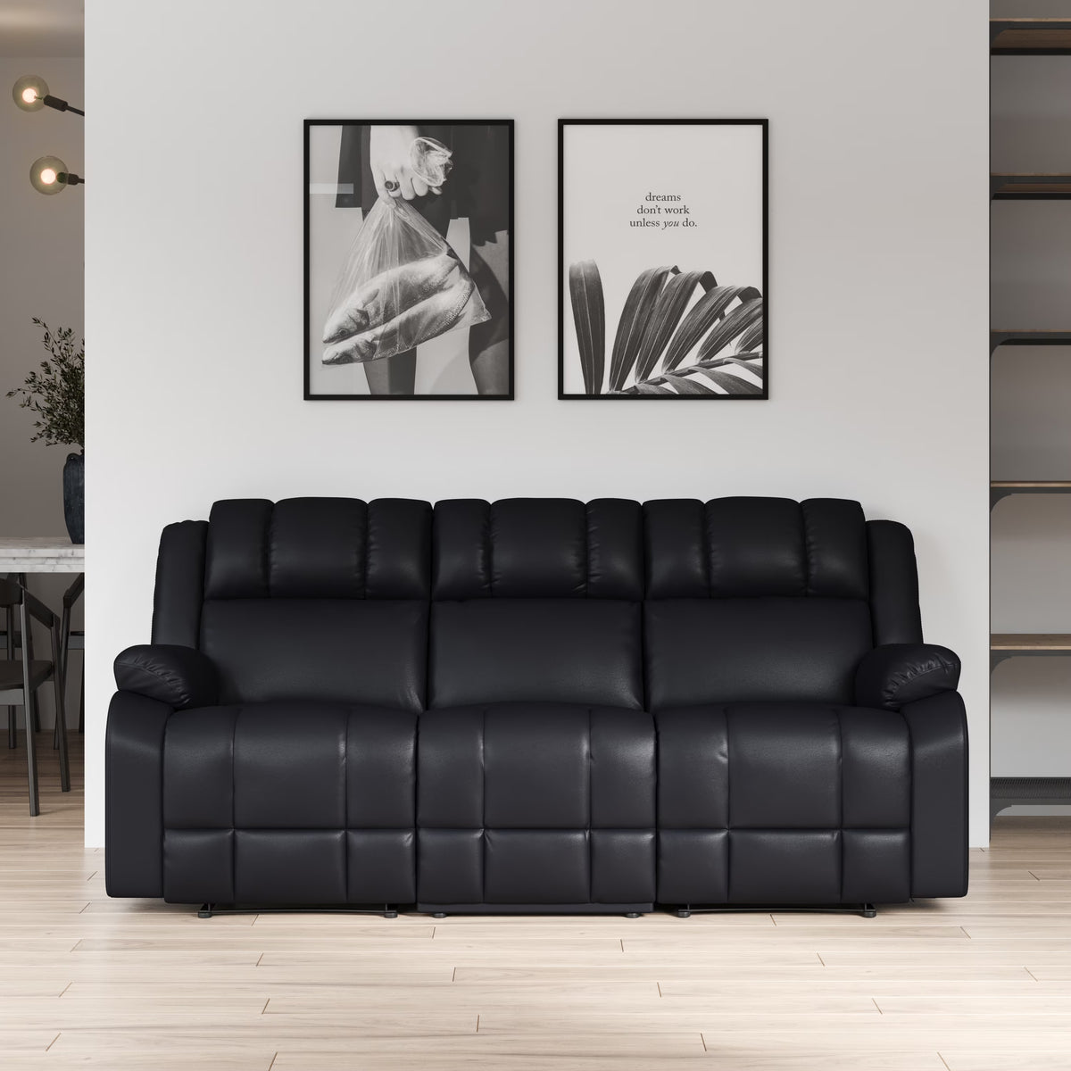 Caviar Black Faux Leather Reclining Sofa Q477