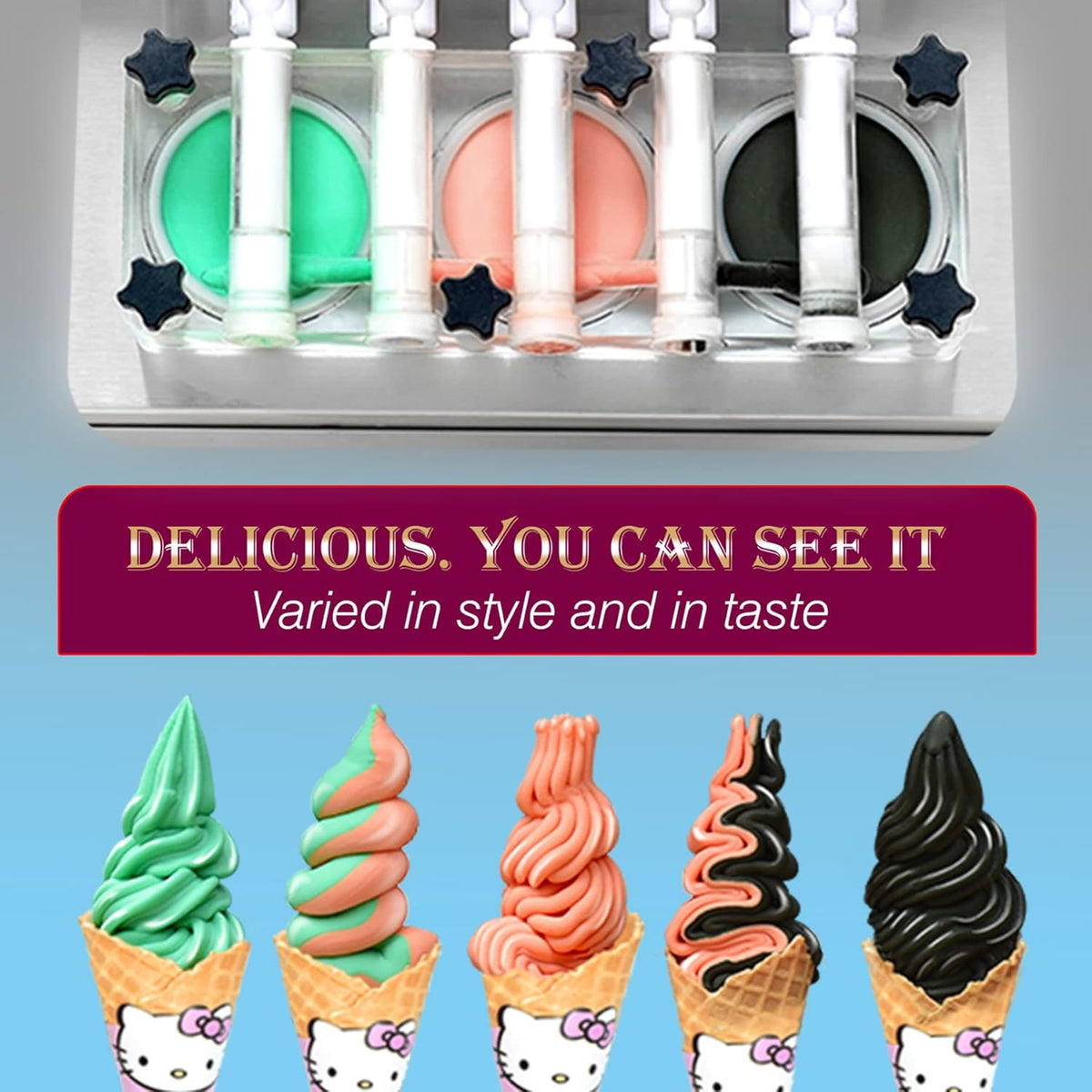 3+2 mixed Flavors Soft Serve Ice Cream Maker, 5 Flavors Ice Cream Machine with Full Transparent Discharge Door & 5 Different Shapes of Mold & Upper Tank Refrigerated R4301