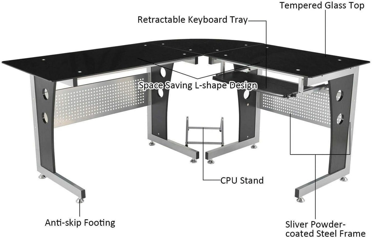 Black L-Shape Corner Tempered Glass Top Computer Desk with Keyboard Tray A656433