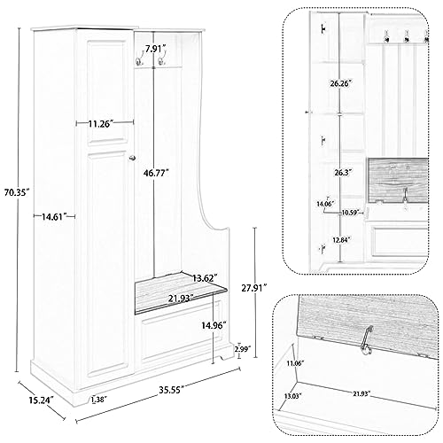 Black Hall Tree with Flip-Up Bench, Shoe Cabinet with Adjustable Shelves, Coat Rack with Hanging Hooks W672