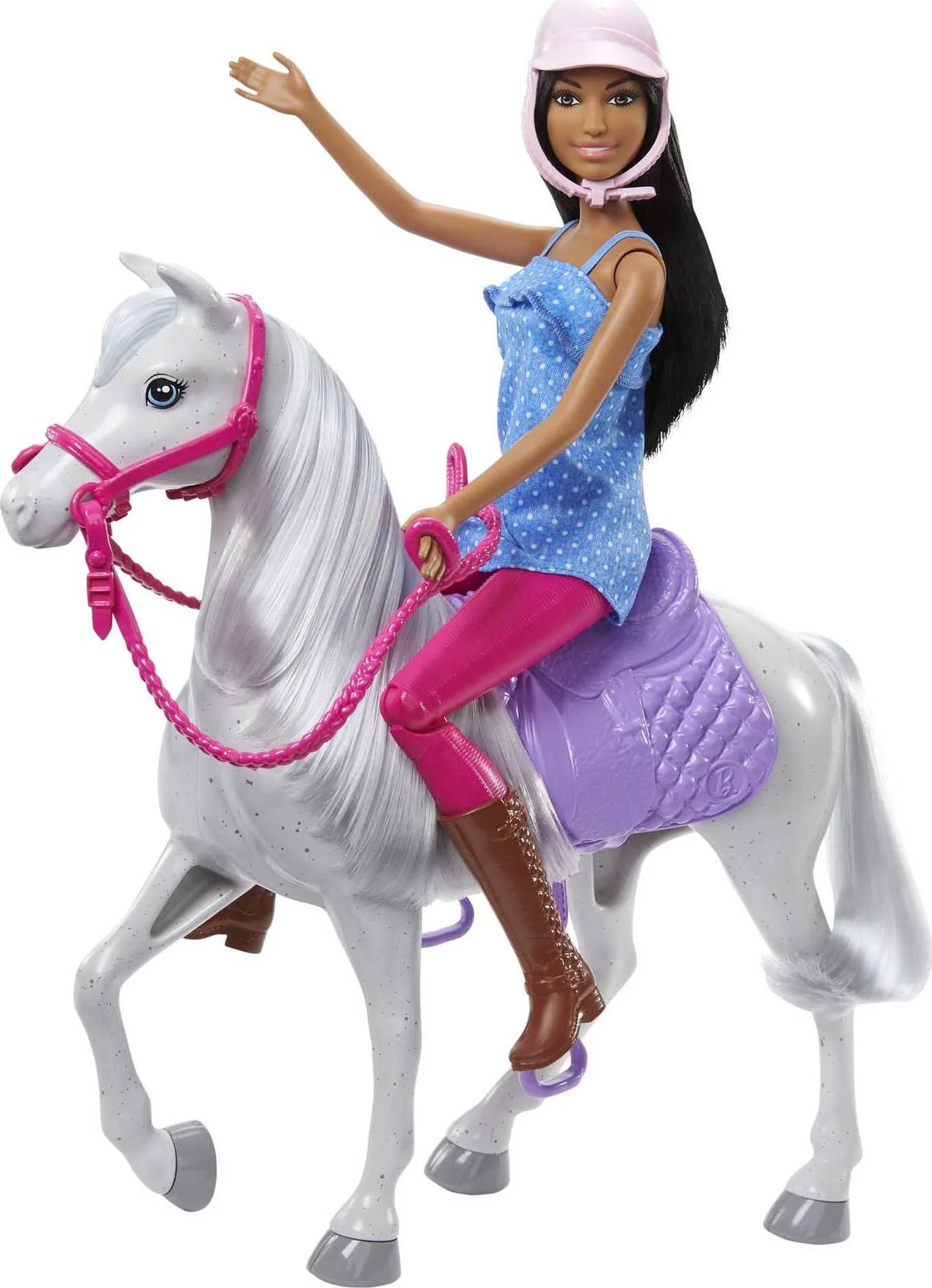 Barbie Doll & Horse Set with Brunette Doll, White Horse, Saddle, Bridle & Reins W213938