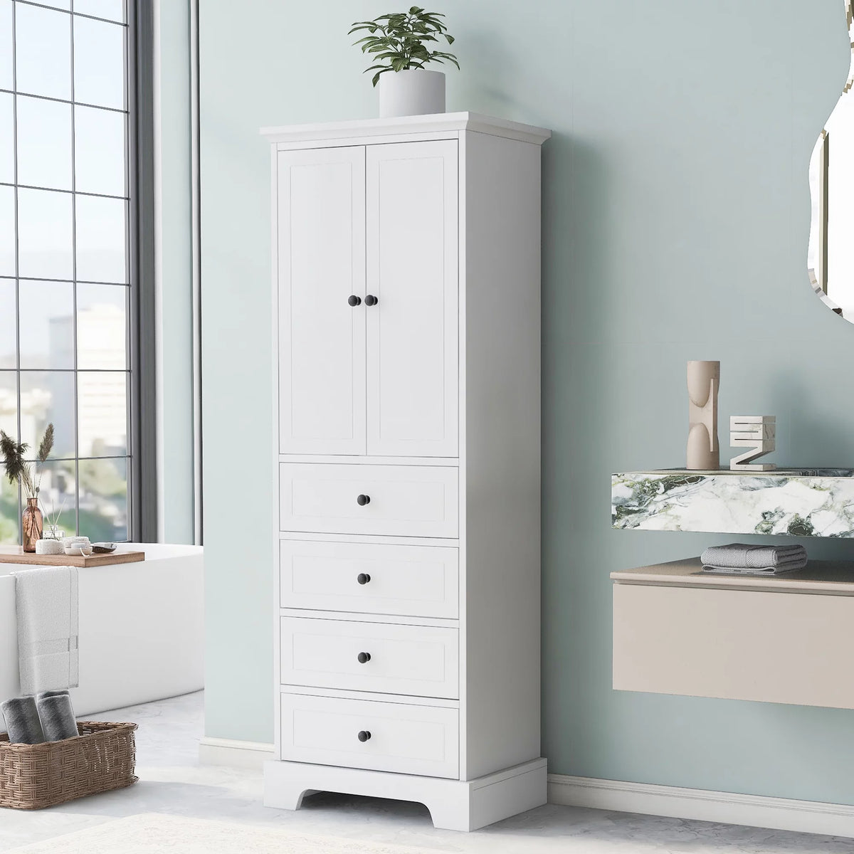 Tall Wood Bathroom Storage Cabinet with 2 Doors and 4 Drawers A806518