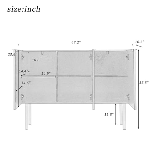 White 3 Door Buffet Cabinet with Adjustable Shelves and Gold Metal Legs R9898