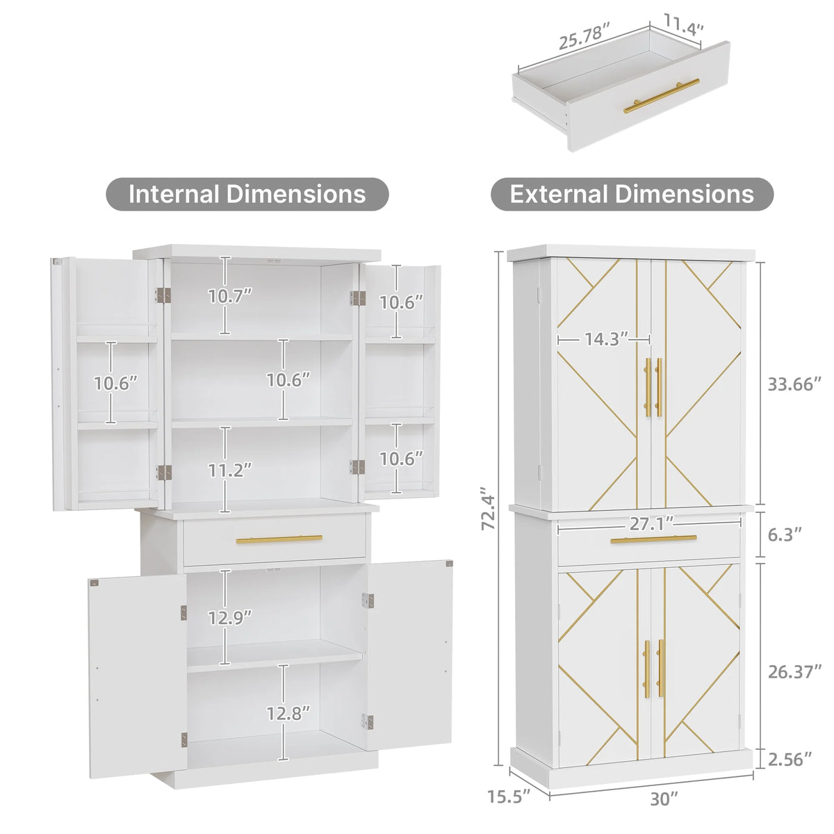 White 4 Door Freestanding Kitchen Pantry Storage Cabinet with Drawer and Adjustable Shelf M39629
