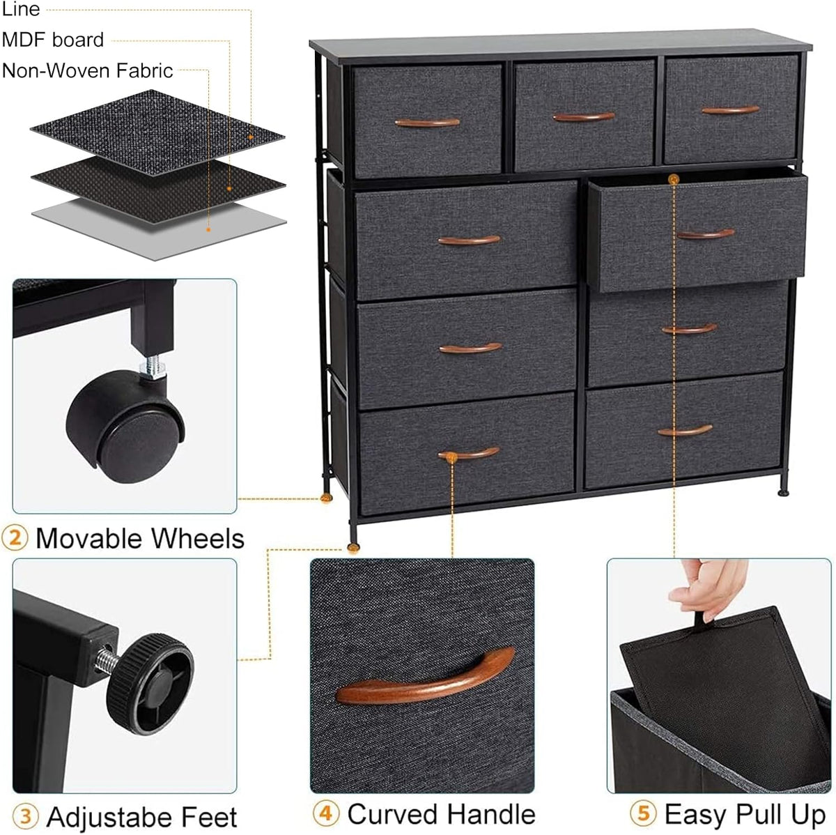 9 Drawer Dresser with Steel Frame and Wooden Top P719035