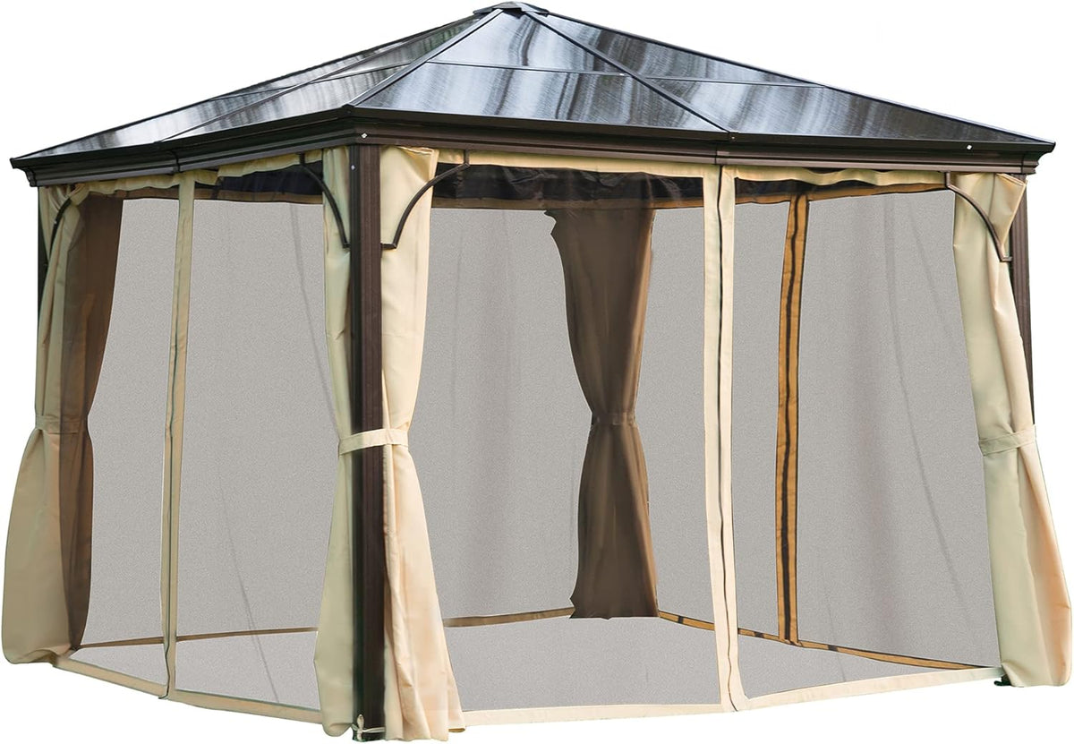 10x10 Polycarbonate Hardtop Gazebo with Curtains and Netting E71318