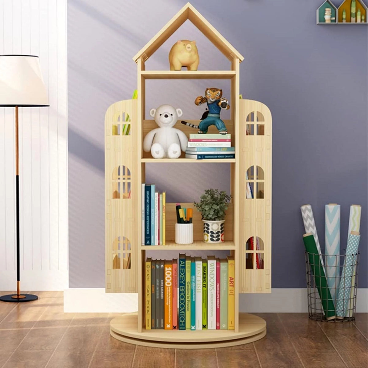 4-Tier Rotating Solid Wood Bookshelf N1423