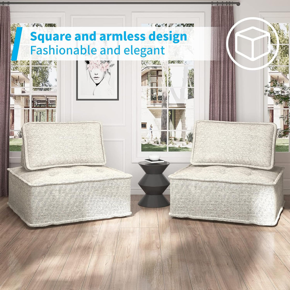 Beige Armless Floor Sofa 2PCS Modular with Removable Back Cushion A545