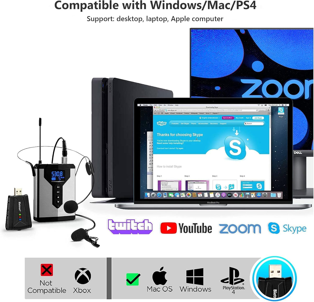 Wireless USB Microphone for Computer, 98 feet, Plug & Play H714974