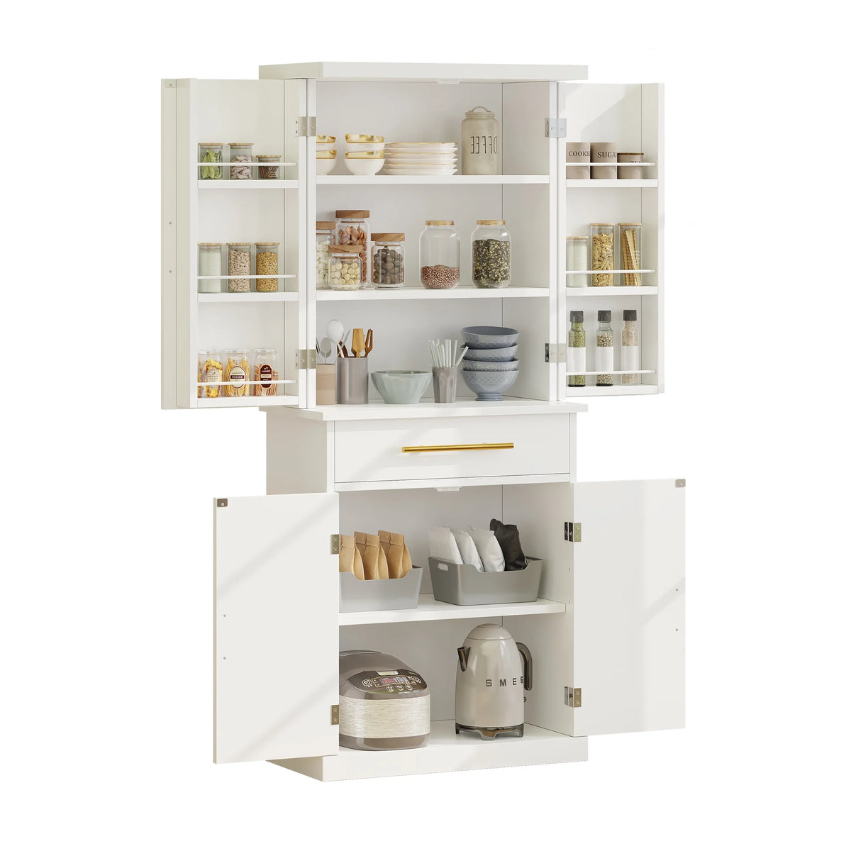 White 4 Door Freestanding Kitchen Pantry Storage Cabinet with Drawer and Adjustable Shelf M39629