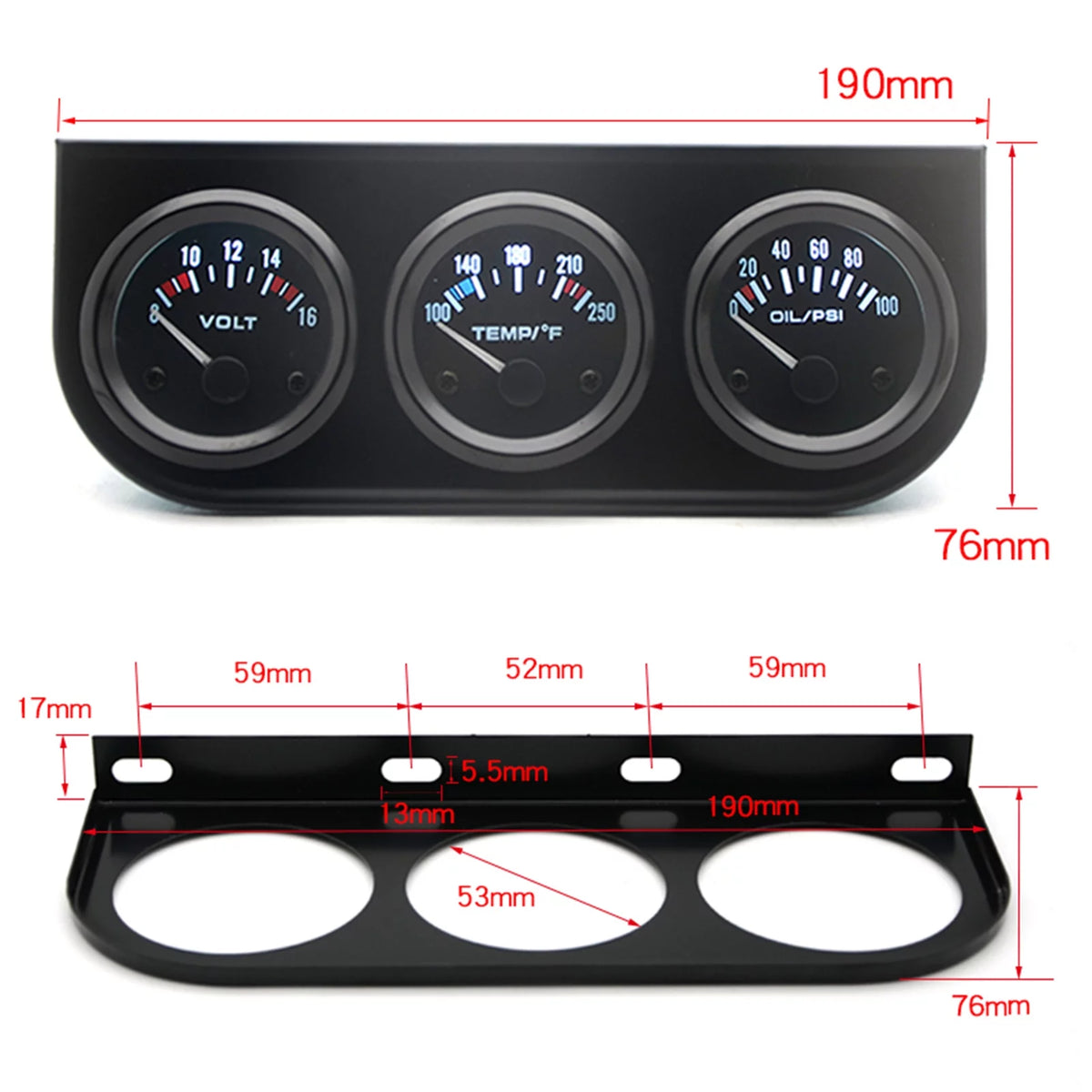 52mm Triple Gauge Kit for Voltage, Water Temperature, Oil Pressure Z7683