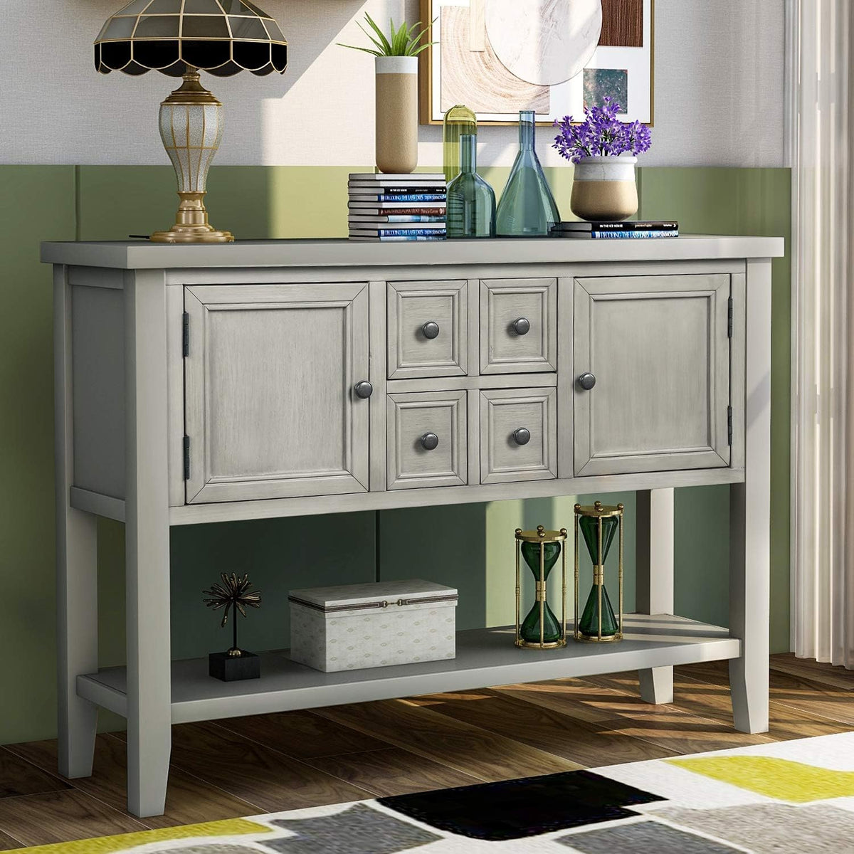 Antique Gray Solid Wood Console Table with 4 Drawers and Bottom Shelf R480
