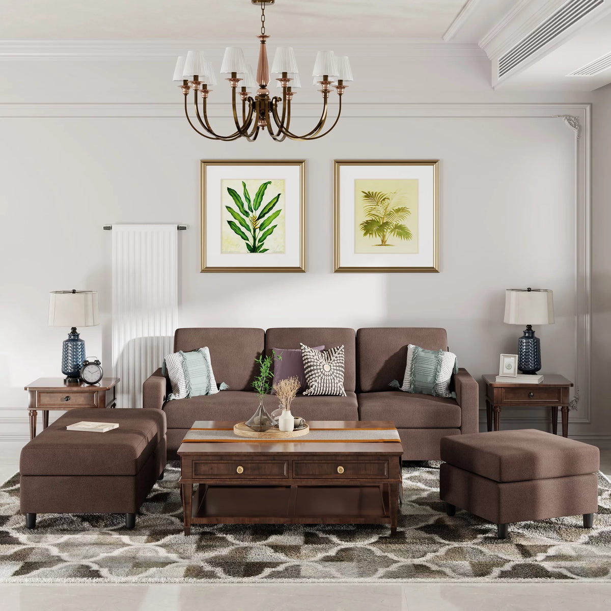 Brown Convertible Sectional Sofa with Storage Ottoman V468