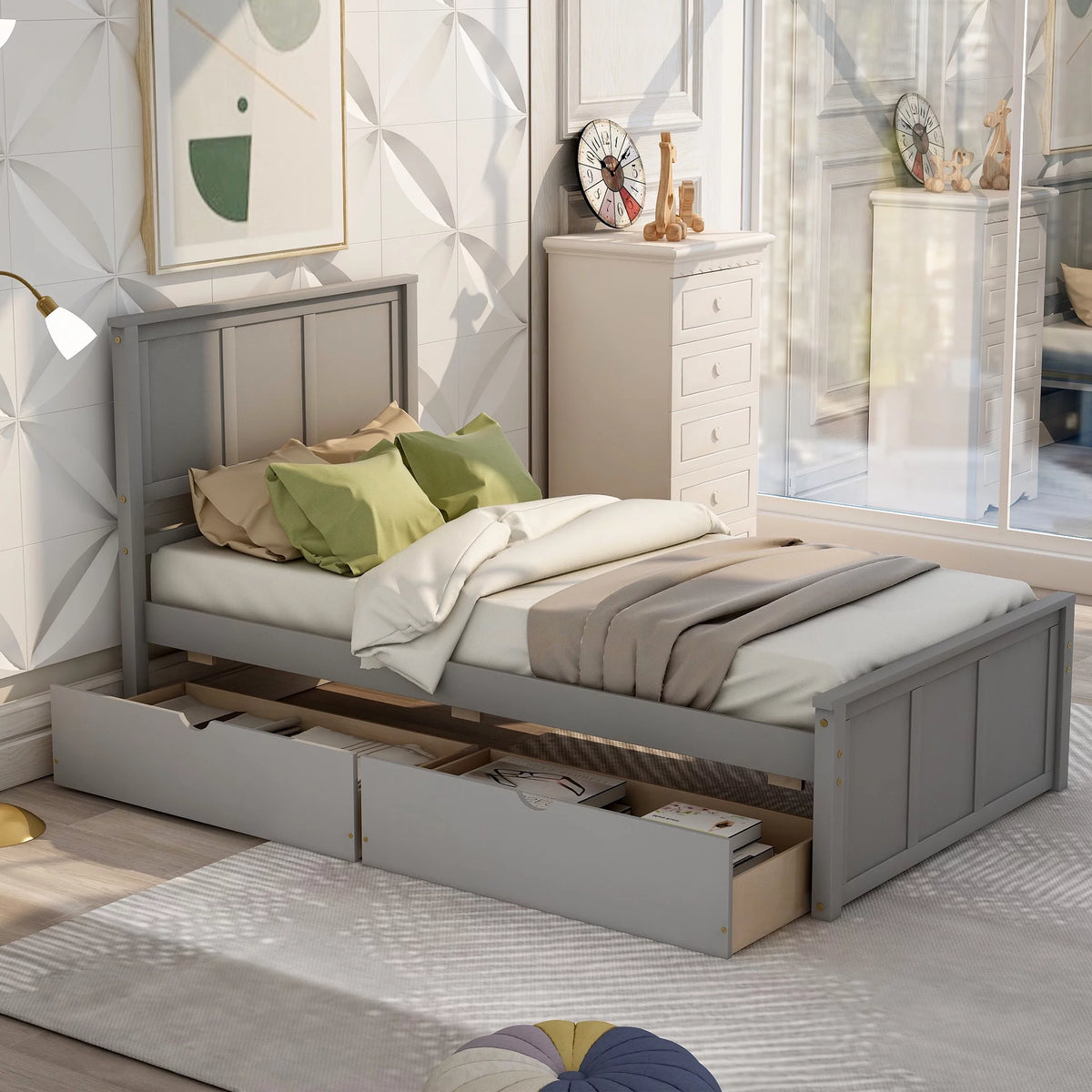 Twin Size Wood Platform Bed with Storage and Headboard Z345