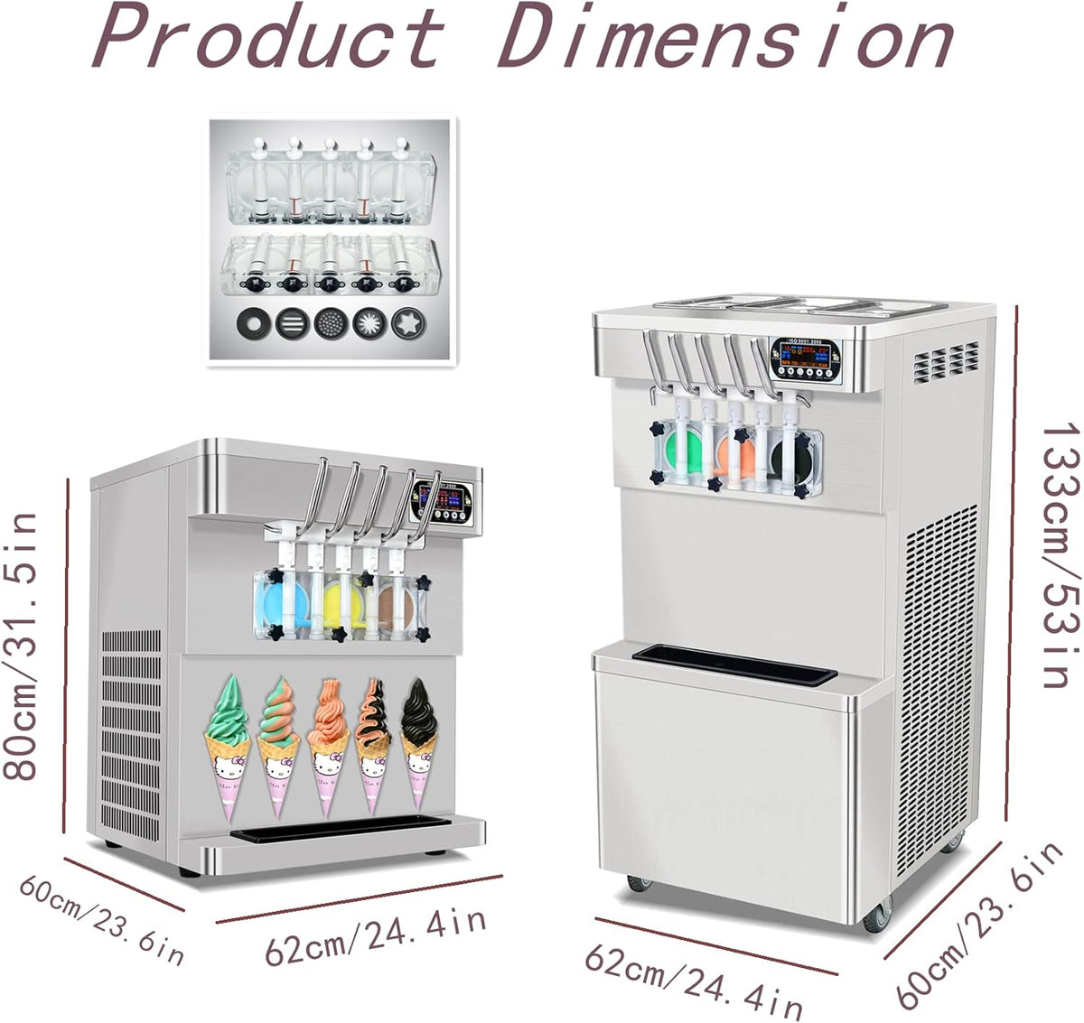 3+2 mixed Flavors Soft Serve Ice Cream Maker, 5 Flavors Ice Cream Machine with Full Transparent Discharge Door & 5 Different Shapes of Mold & Upper Tank Refrigerated R4301