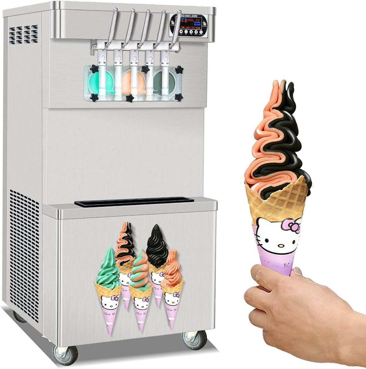 3+2 mixed Flavors Soft Serve Ice Cream Maker, 5 Flavors Ice Cream Machine with Full Transparent Discharge Door & 5 Different Shapes of Mold & Upper Tank Refrigerated R4301