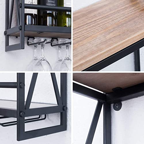 Black 2-Tiers Wood Floating Shelves with 4 Stem Glass A99113