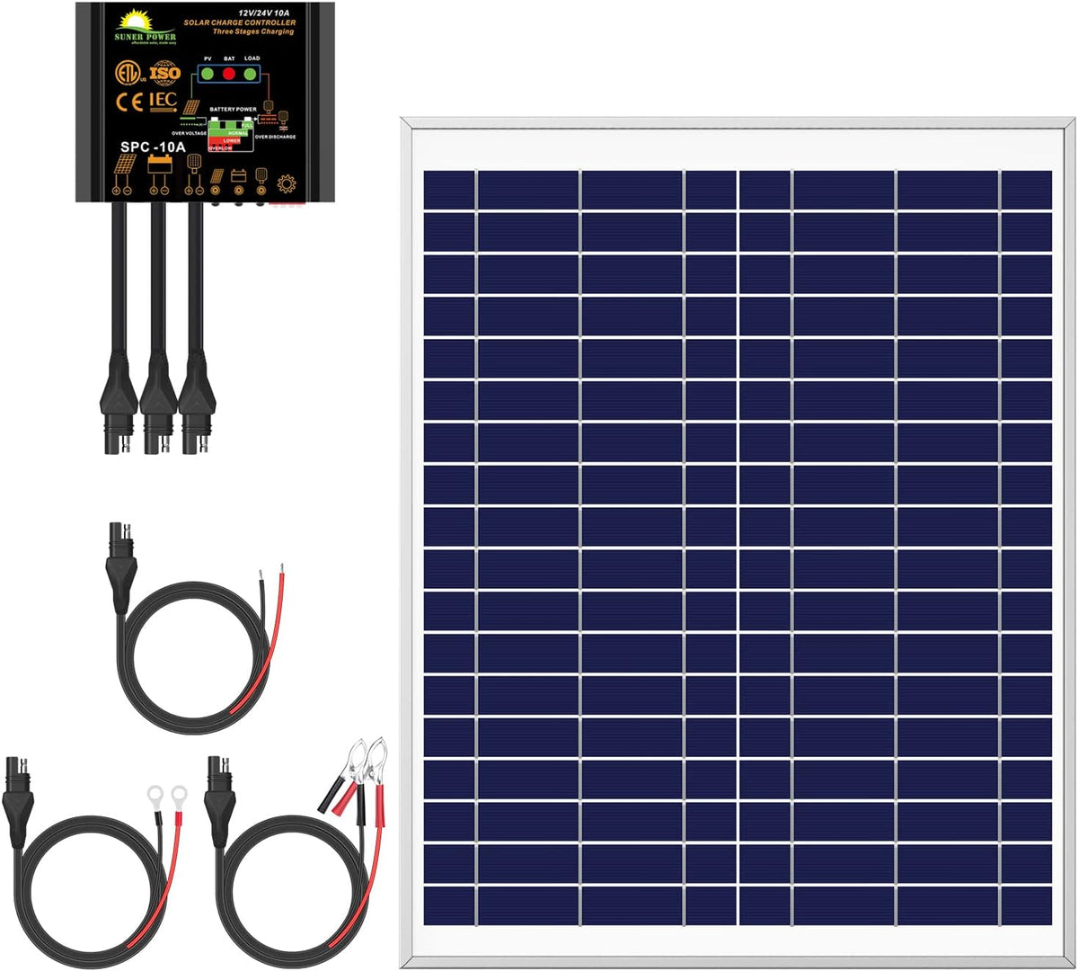 20 Watts Poly Crystalline 12V Solar Panel Kit with 10A Charge Controller and 3-PCS SAE Cable Adapters A297