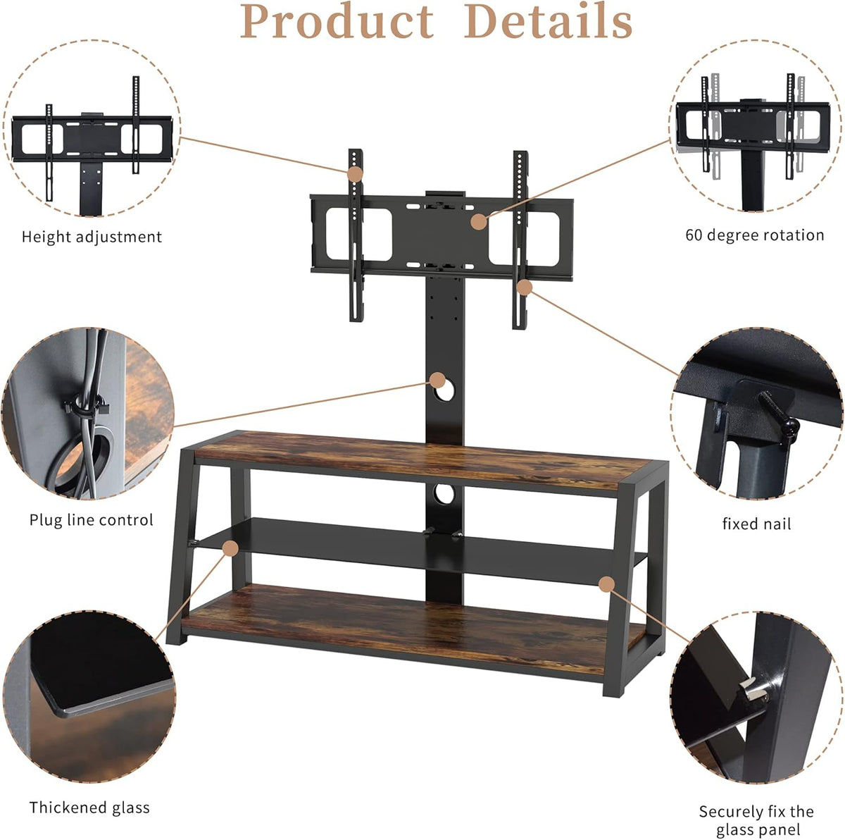 Angle and Height Adjustable Swivel TV Stand with Shelves I9809