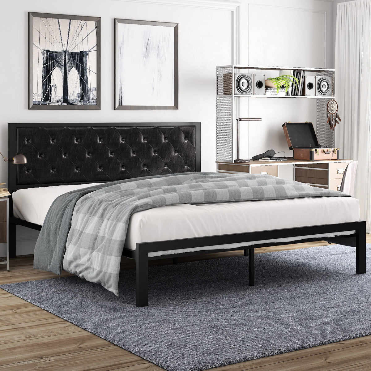 Full Size Metal Bed Frame with Upholstered Headboard P73356