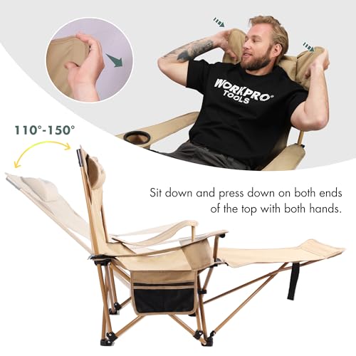 Beige Reclining Camping Lounge Chair with Footrest P5787