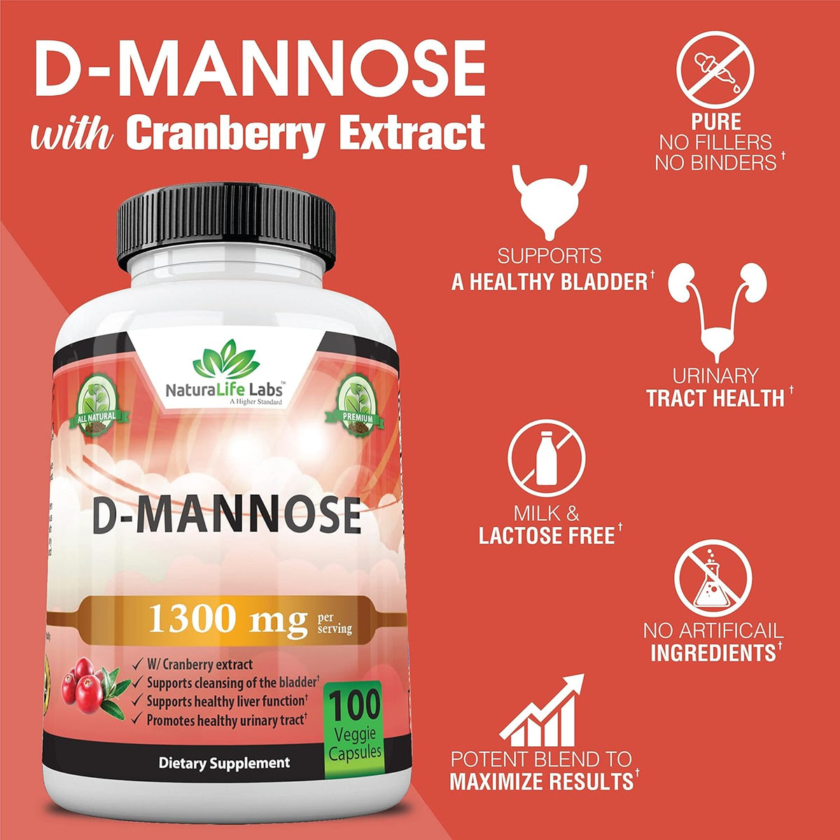 100 Veggie Capsules D-Mannose 1,300 mg with Cranberry Extract X6986