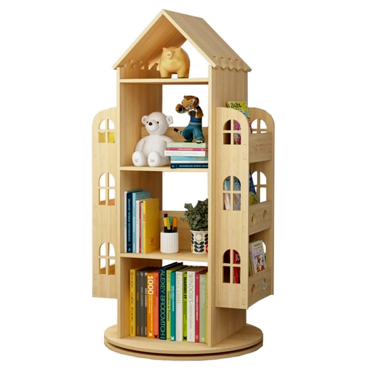 4-Tier Rotating Solid Wood Bookshelf N1423