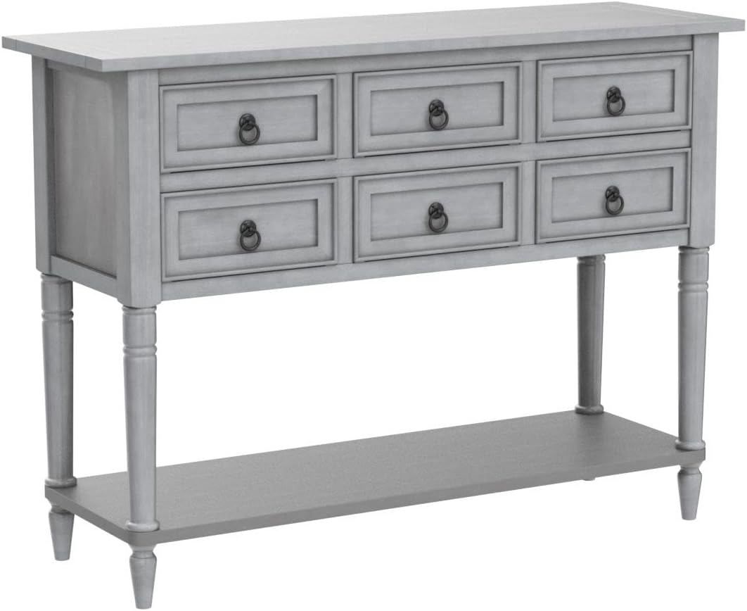 Antique Gray Solid Wood Console Table with 4 Drawers and Bottom Shelf R480
