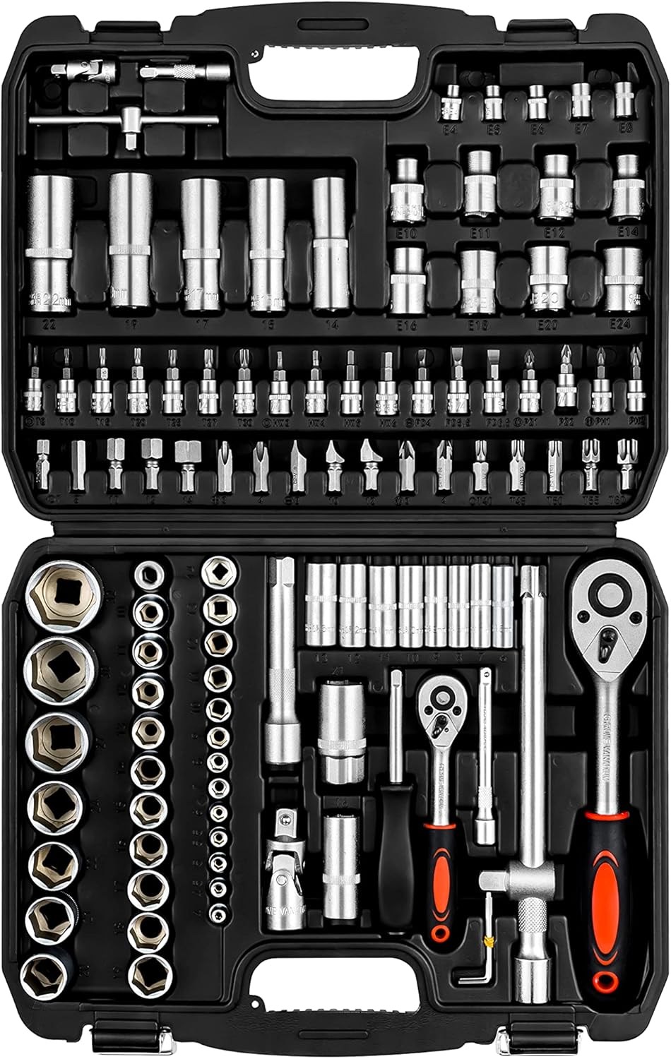 108 Piece 1/4 And 1/2 Drive Socket Set with Ratchet Wrench and Plastic Toolbox O1845