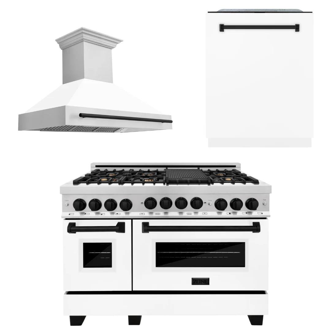 48 In. Gas Range, Range Hood, Dishwasher in White Matte with Matte Black Accents W201