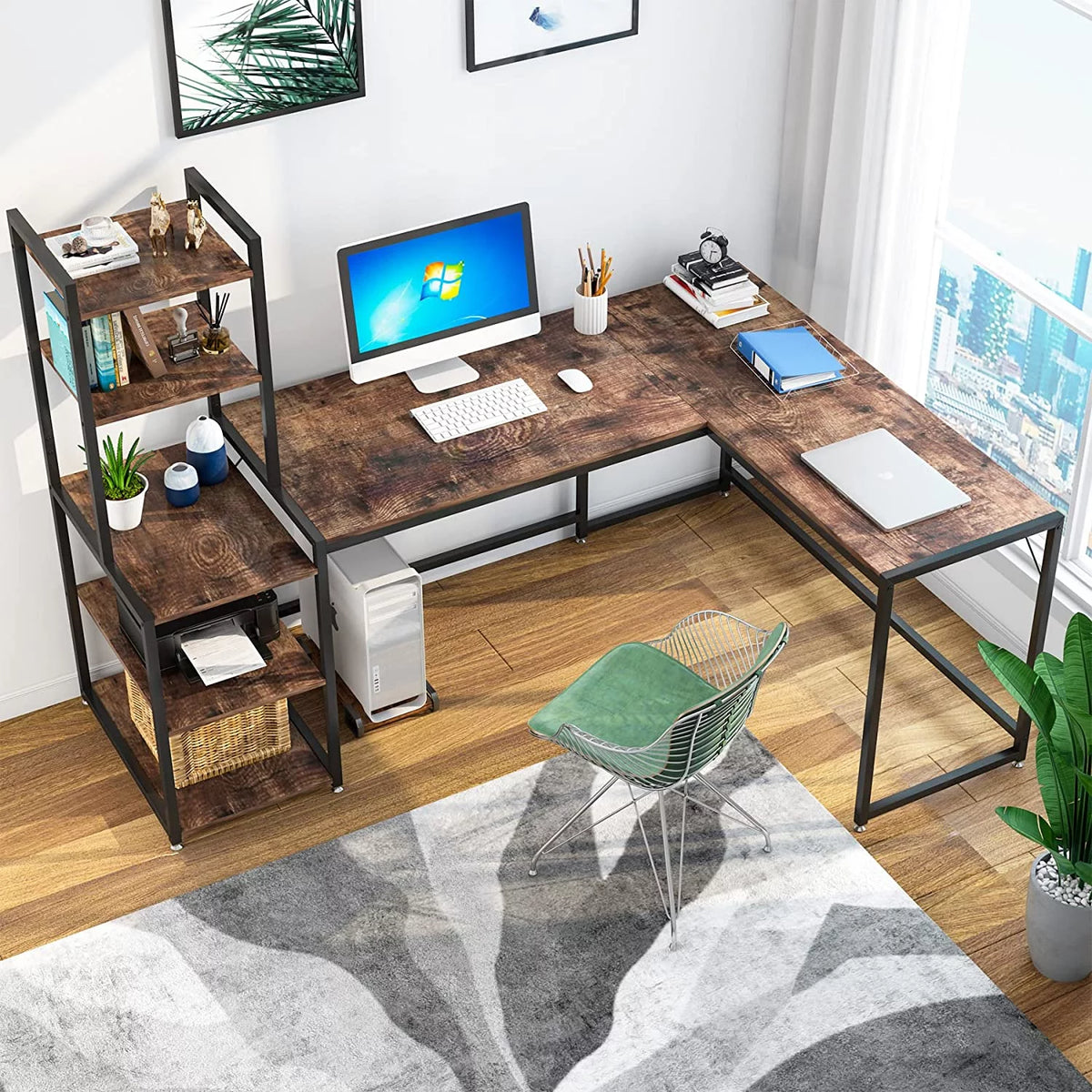 79 Inch Reversible L-Shaped Corner Desk with Shelves L40659