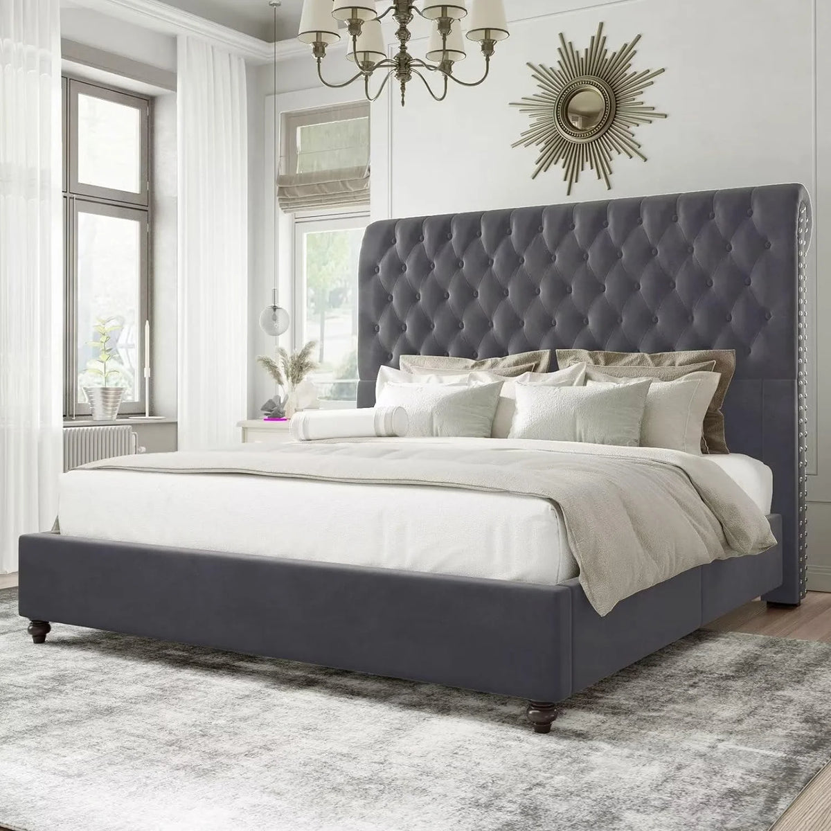 Queen Velvet Tufted Sleigh Bed Frame F110