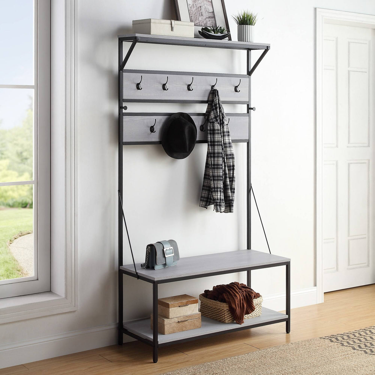 4-in-1 Hall Tree Wood Coat Rack with Metal Frame W984596