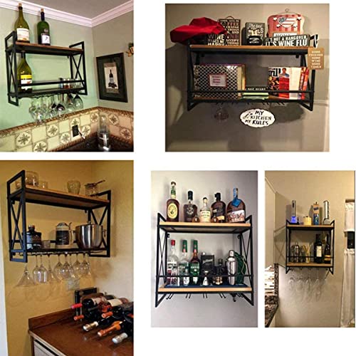 Black 2-Tiers Wood Floating Shelves with 4 Stem Glass A99113