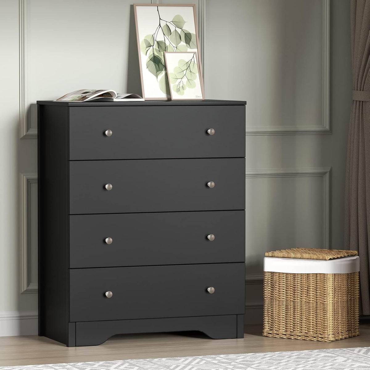 Black 4 Drawer Dresser with Wooden Top N783