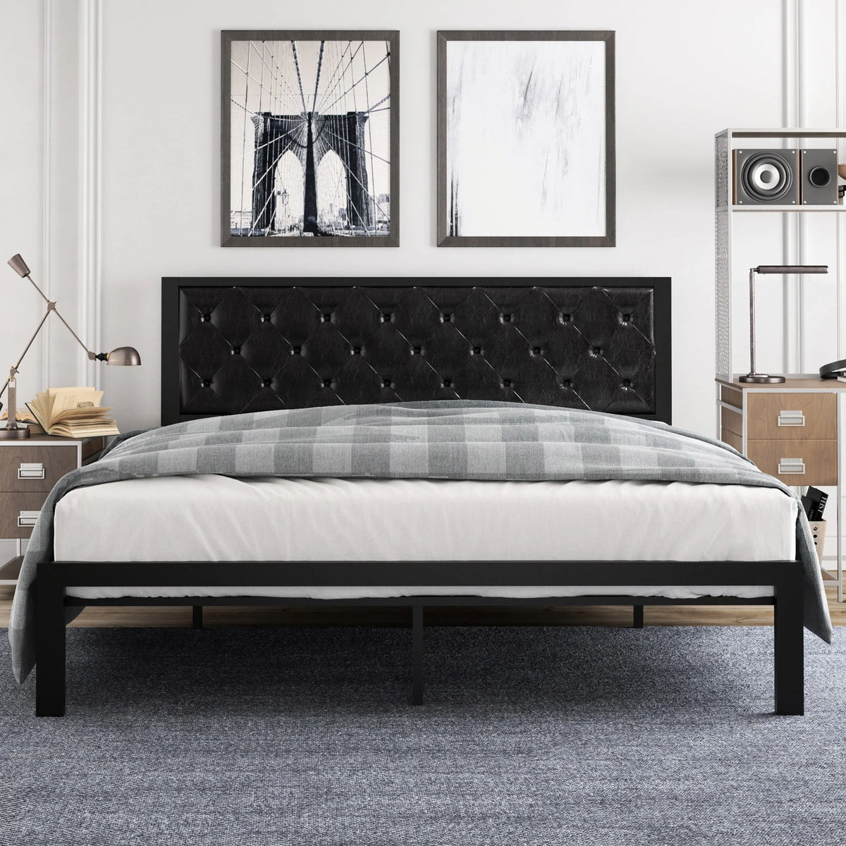 Full Size Metal Bed Frame with Upholstered Headboard P73356