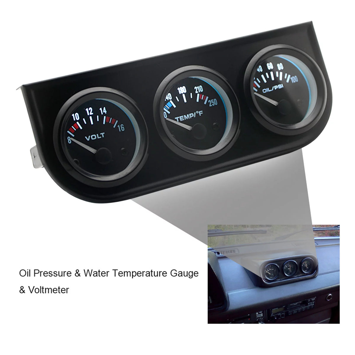 52mm Triple Gauge Kit for Voltage, Water Temperature, Oil Pressure Z7683