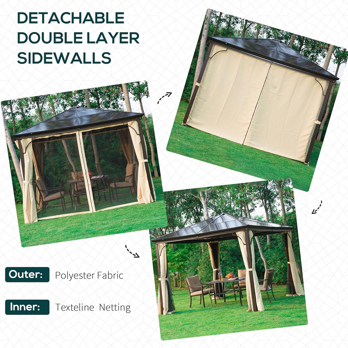 10x10 Polycarbonate Hardtop Gazebo with Curtains and Netting E71318