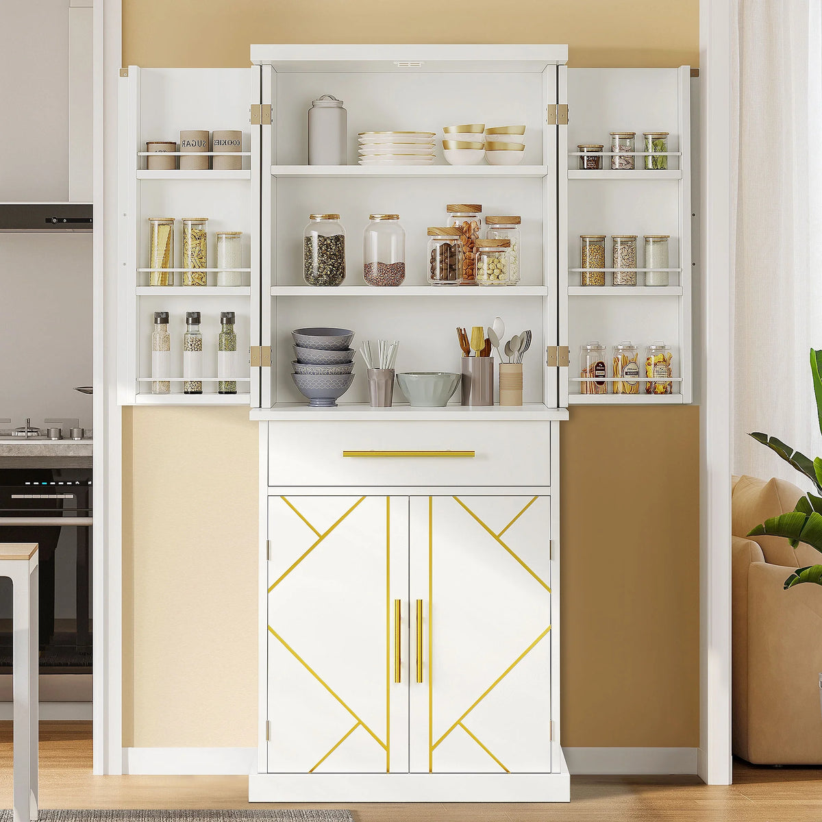 White 4 Door Freestanding Kitchen Pantry Storage Cabinet with Drawer and Adjustable Shelf M39629